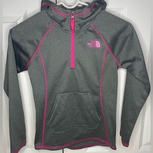 The North Face Gray/Pink drop hem scuba neck hooded 1/4 zip- Girls Small 7/8